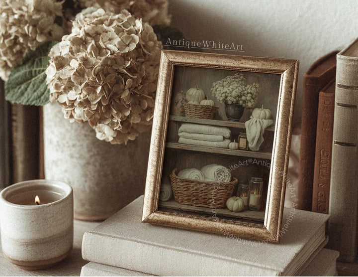 Autumn Bathroom Shelf Still Life Laundry Fall Decor Towels And Candles Vintage Style Farmhouse Wall Art A594 Print