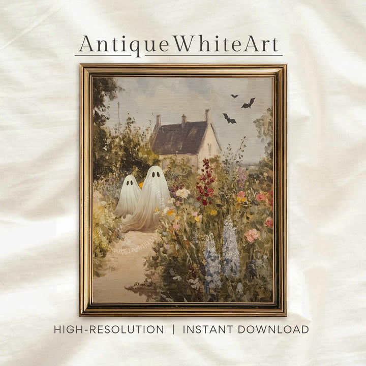 Vintage Style Halloween Wall Art Warm-Toned Fall Prints Ghosts in a Garden Spooky Autumn Home Decor A563 Print