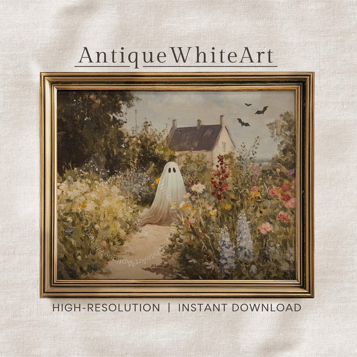 Whimsical Ghost Print Halloween Cottagecore Wall Decor Vintage Style Spooky Haunted House Garden Painting Fall A564 Art
