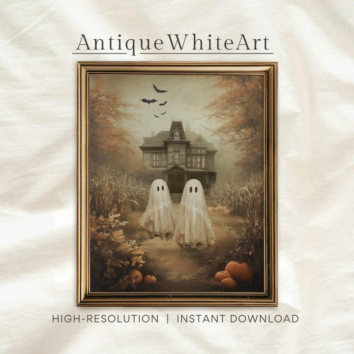 Vintage Style Haunted Cottage Print Halloween Wall Art Warm-Toned Fall Prints Ghost Spooky Autumn Home Decor A568