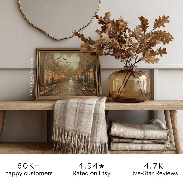 Vintage Style Halloween Wall Art Warm-Toned Fall Prints Ghost & Pumpkins Spooky Street Autumn Home Decor A569 Print
