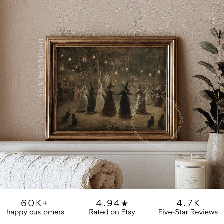Halloween Wall Art Witches At Moonlit Vintage Style Autumn Painting Moody Rustic Decor Witchy Gothic Print A589