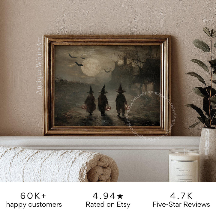 Halloween Wall Art Little Witches Under Full Moon Vintage Style Fall Painting Rustic Farmhouse Decor Moody Print A588