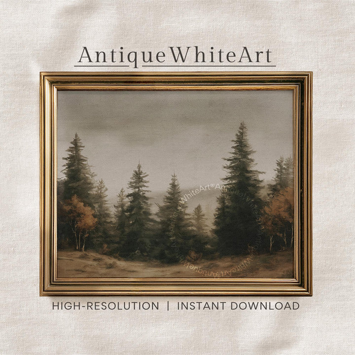 Fall Print Muted Forest Landscape Painting Farmhouse Decor Vintage Style Prints Autumn A571 Wall Art