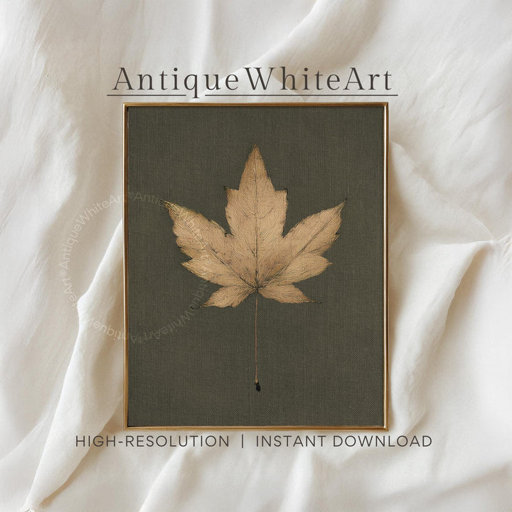 Autumn Maple Leaf Print Vintage Style Fall Wall Art Neutral Rustic Dark Green Halloween Decor A576