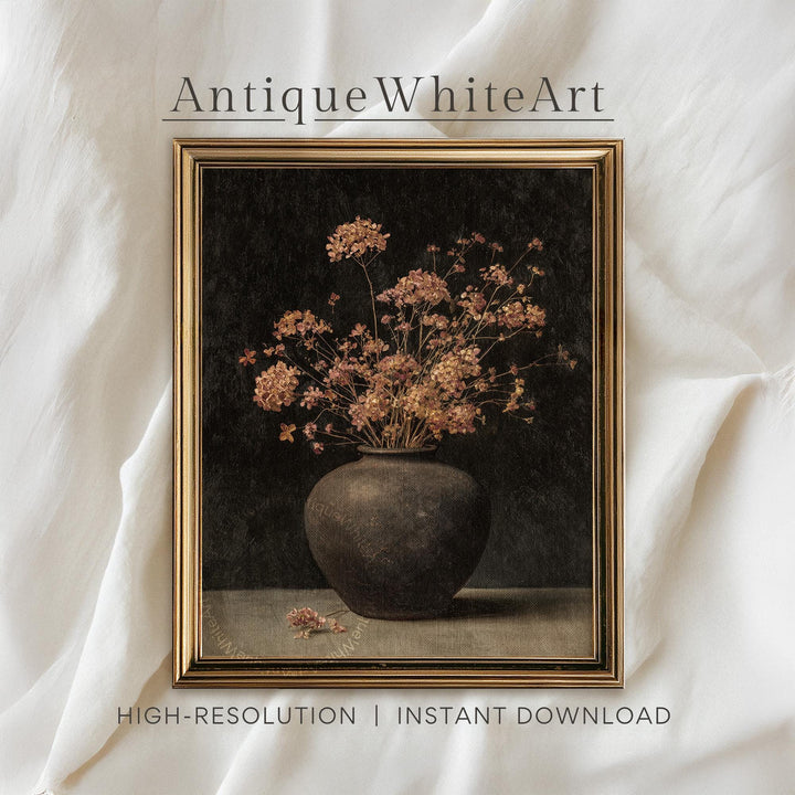 Moody Fall Floral Art Rustic Antique Vase Still Life Dark Academia Autumn Decor Vintage Style Dried Flowers A574 Print Wall