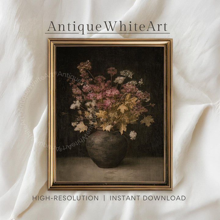 Vintage Style Fall Dried Flowers Print Moody Rustic Botanical Dark Floral Painting Gothic Wall Art Victorian Decor A577