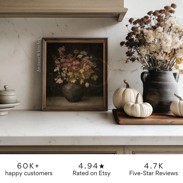 Vintage Style Fall Dried Flowers Print Moody Rustic Botanical Dark Floral Painting Gothic Wall Art Victorian Decor A577