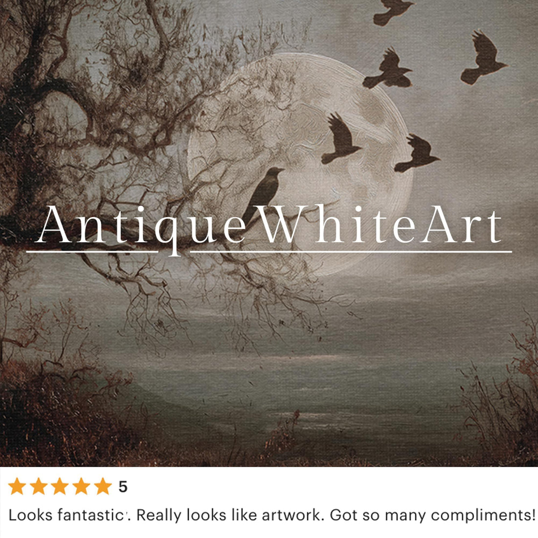 Moody Halloween Wall Art Crows By Full Moon Vintage Style Dark Fall Print Rustic Autumn Painting A593