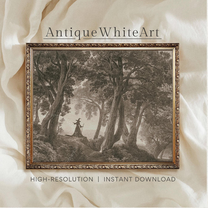 Neutral Halloween Wall Art Vintage Style Drawing Witch In Dark Forest Moody Landscape Rustic A586 Print