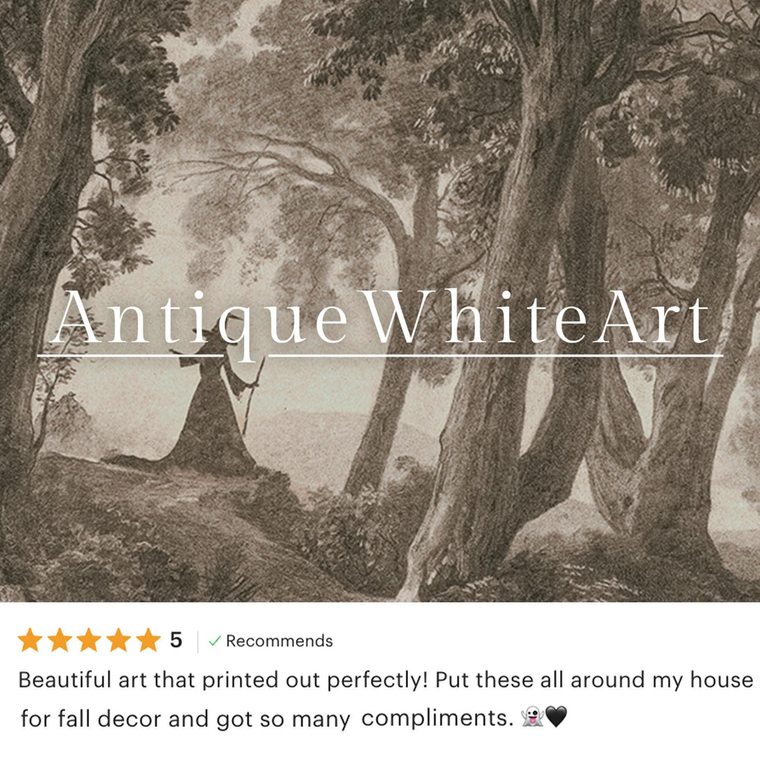 Neutral Halloween Wall Art Vintage Style Drawing Witch In Dark Forest Moody Landscape Rustic A586 Print
