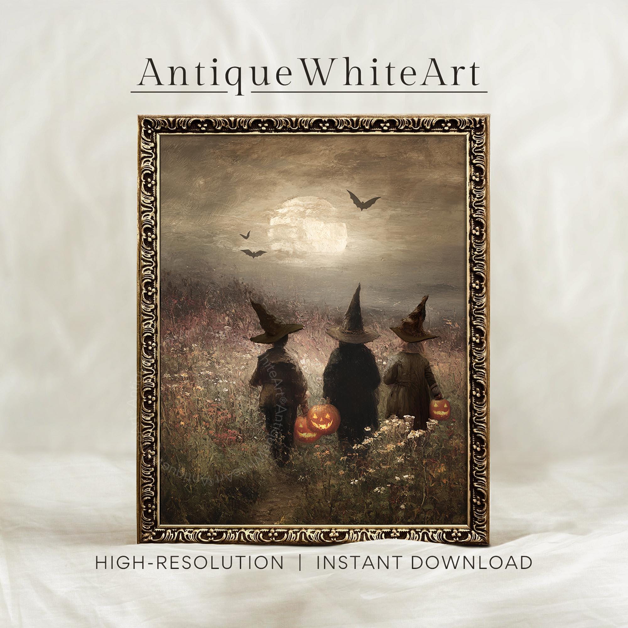 Halloween Wall Art Three Witches Jack O’ Lantern Vintage Style Painting Downloadable Seasonal Print Moody Farmhouse A591