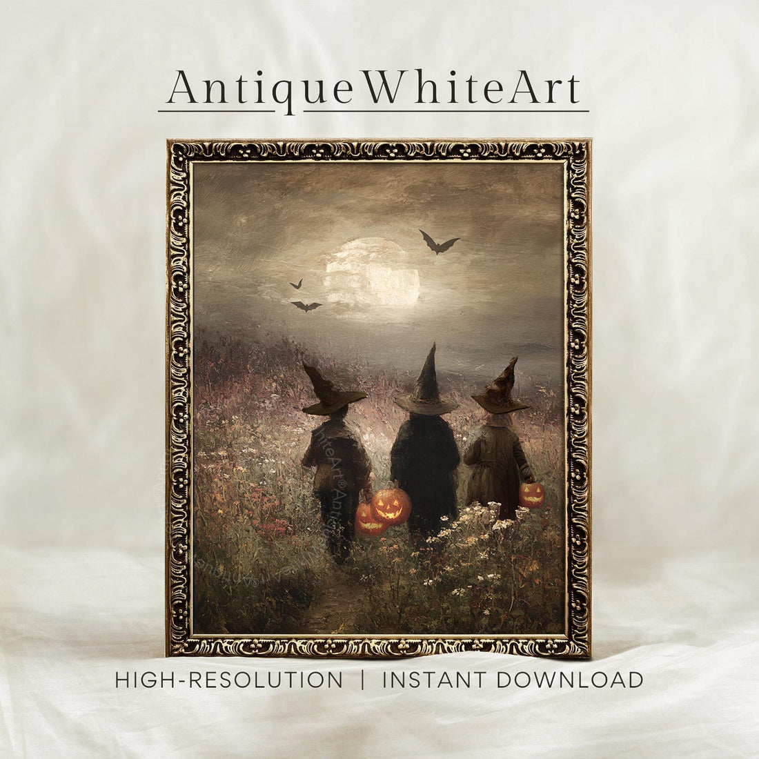 Halloween Wall Art Three Witches Jack O’ Lantern Vintage Style Painting Downloadable Seasonal Print Moody Farmhouse A591