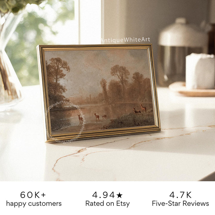 Deer Wall Art Autumn Landscape Painting Vintage Style Fall Print Warm Toned Decor Cottage Farmhouse A585