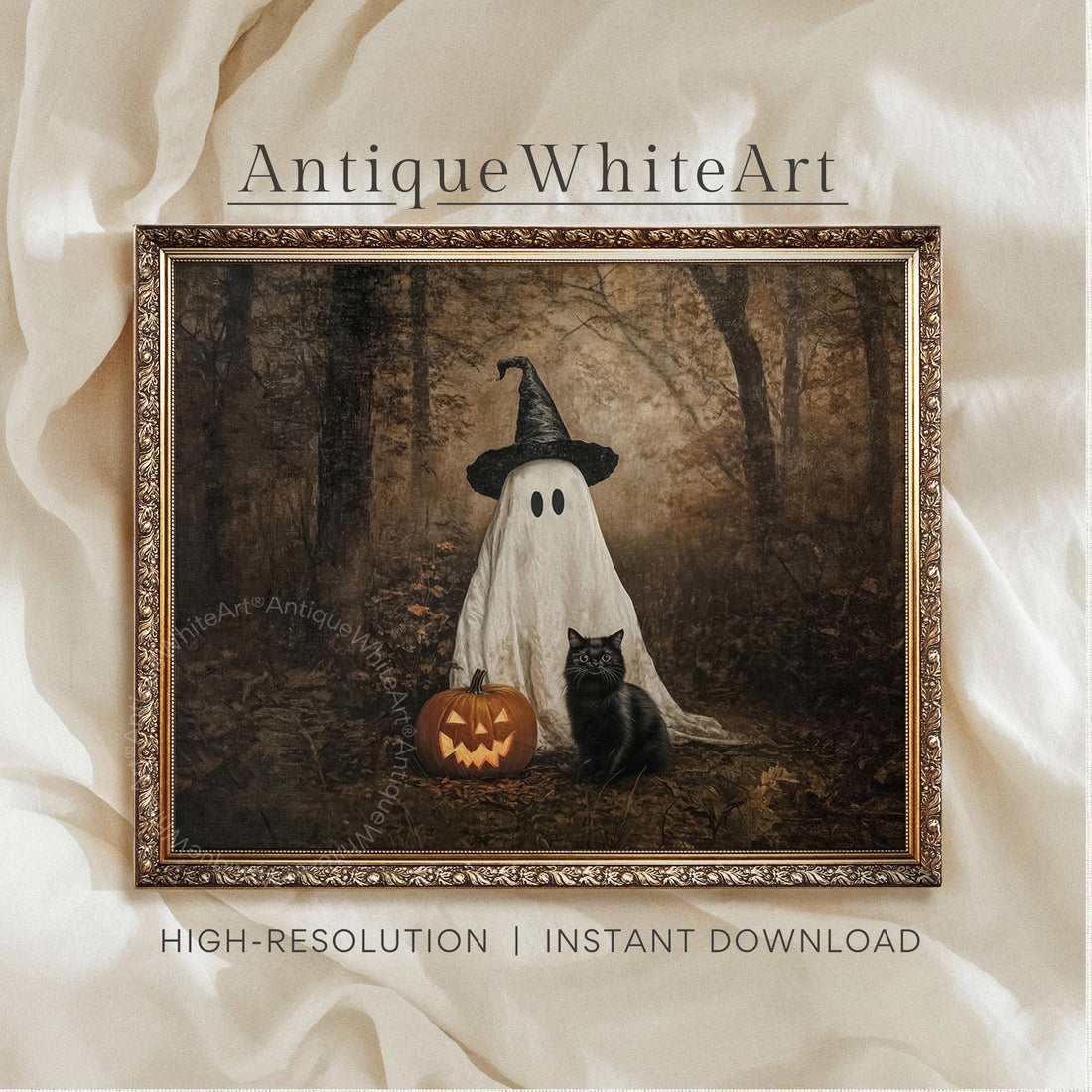 Vintage Style Halloween Print Cute Ghost & Black Cat in Dark Fall Forest Wall Art Spooky Witchy Moody A603