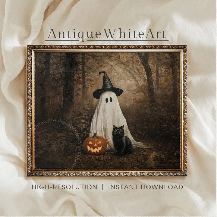 Vintage Style Halloween Print Cute Ghost & Black Cat in Dark Fall Forest Wall Art Spooky Witchy Moody A603