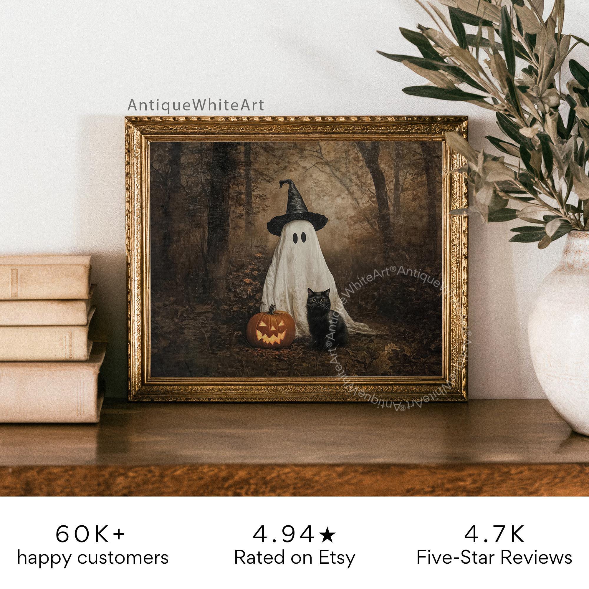 Vintage Style Halloween Print Cute Ghost & Black Cat in Dark Fall Forest Wall Art Spooky Witchy Moody A603