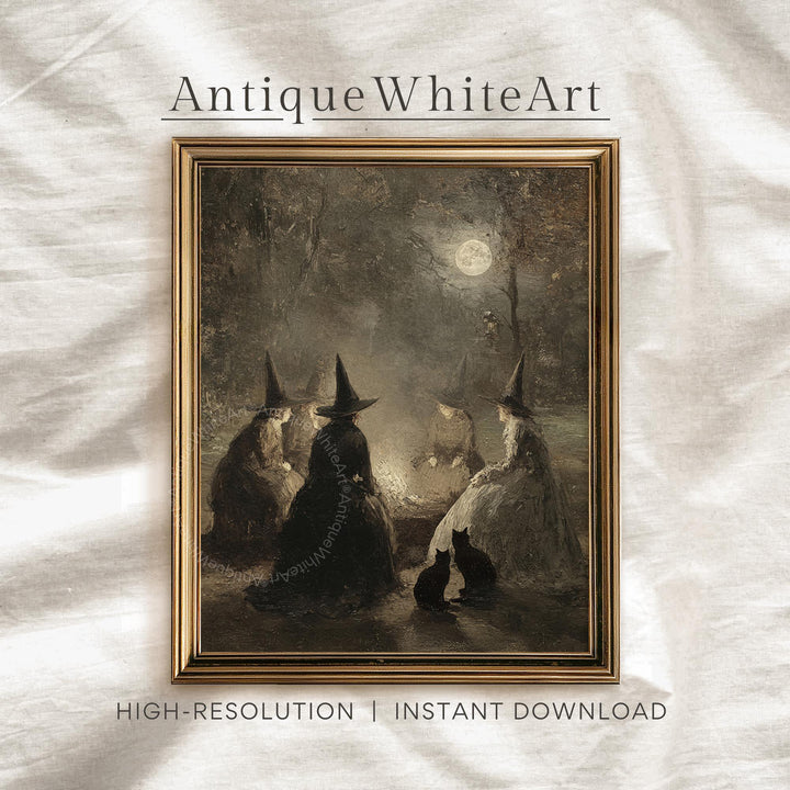 Halloween Wall Art Witches At Moonlit Vintage Style Autumn Painting Moody Rustic Decor Witchy Gothic Print A607