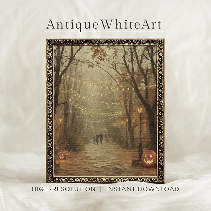 Vintage Style Fall Wall Art Warm-Toned Halloween Misty Town Eerie Landscape Spooky Decor A608 Print
