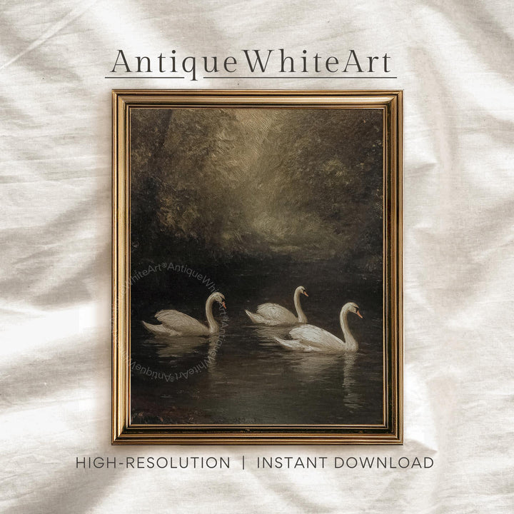 Vintage Style Swan Lake Painting Fall Moody Landscape Wall Art Antique Dark Farmhouse Decor A609 Print