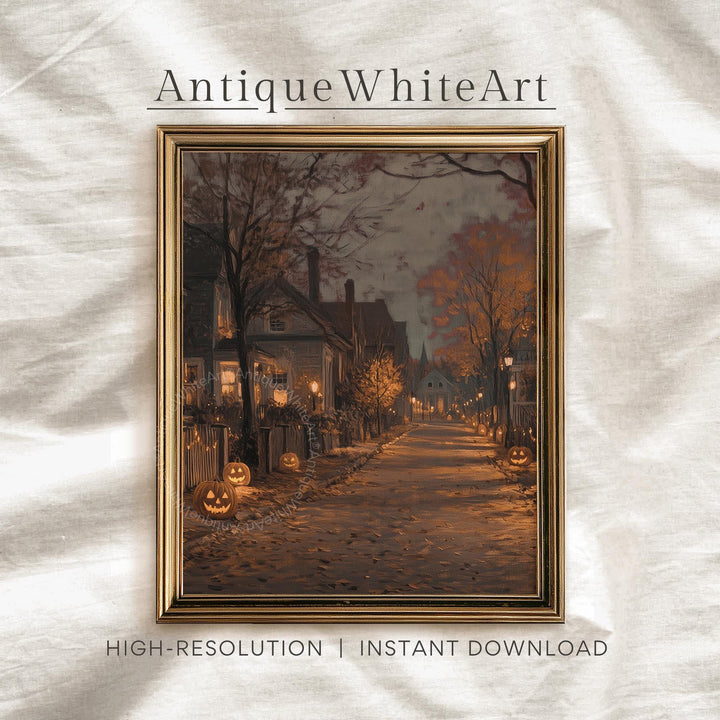 Vintage Style Fall Wall Art Moody Halloween Misty Town Eerie Landscape Spooky Decor A612 Print