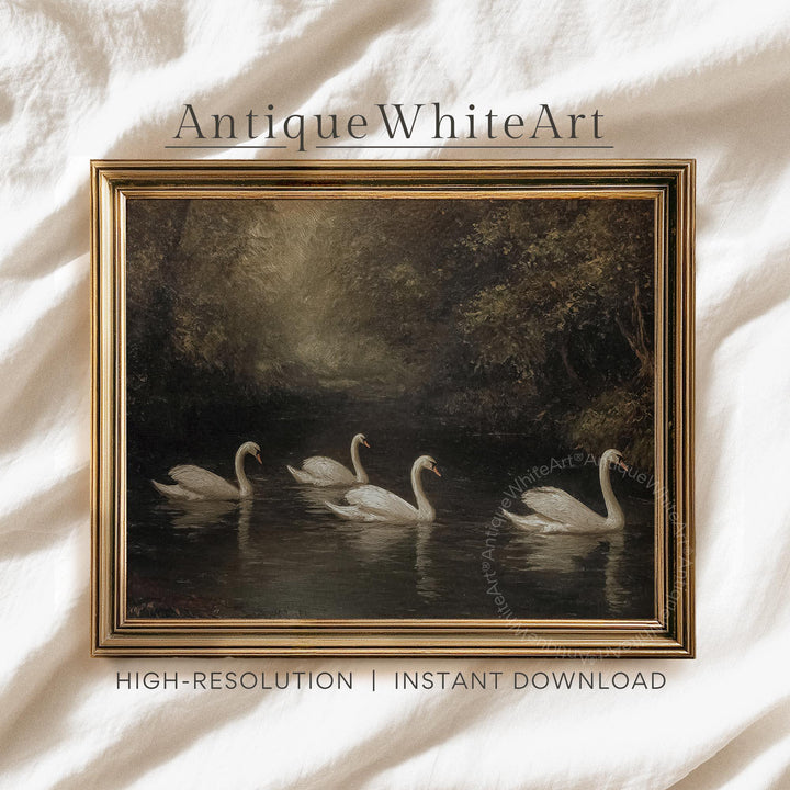 Vintage Style Swan Lake Painting Fall Moody Landscape Wall Art Antique Dark Farmhouse Decor A614 Print