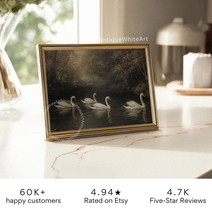Vintage Style Swan Lake Painting Fall Moody Landscape Wall Art Antique Dark Farmhouse Decor A614 Print