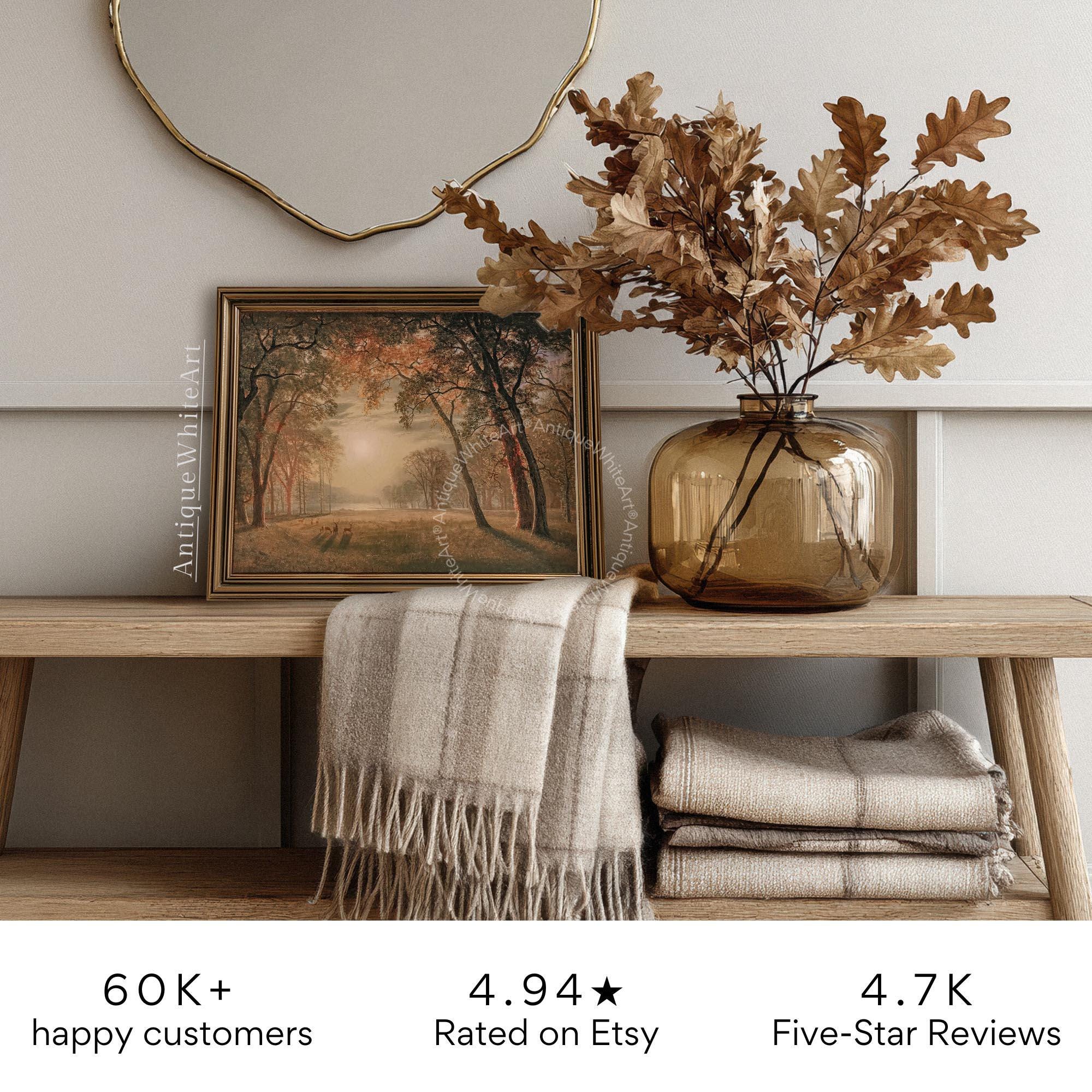 Autumn Landscape Deer In Golden Forest Vintage Style Fall Painting Cozy Farmhouse Wall Art Warm Earth Tones A584 Print