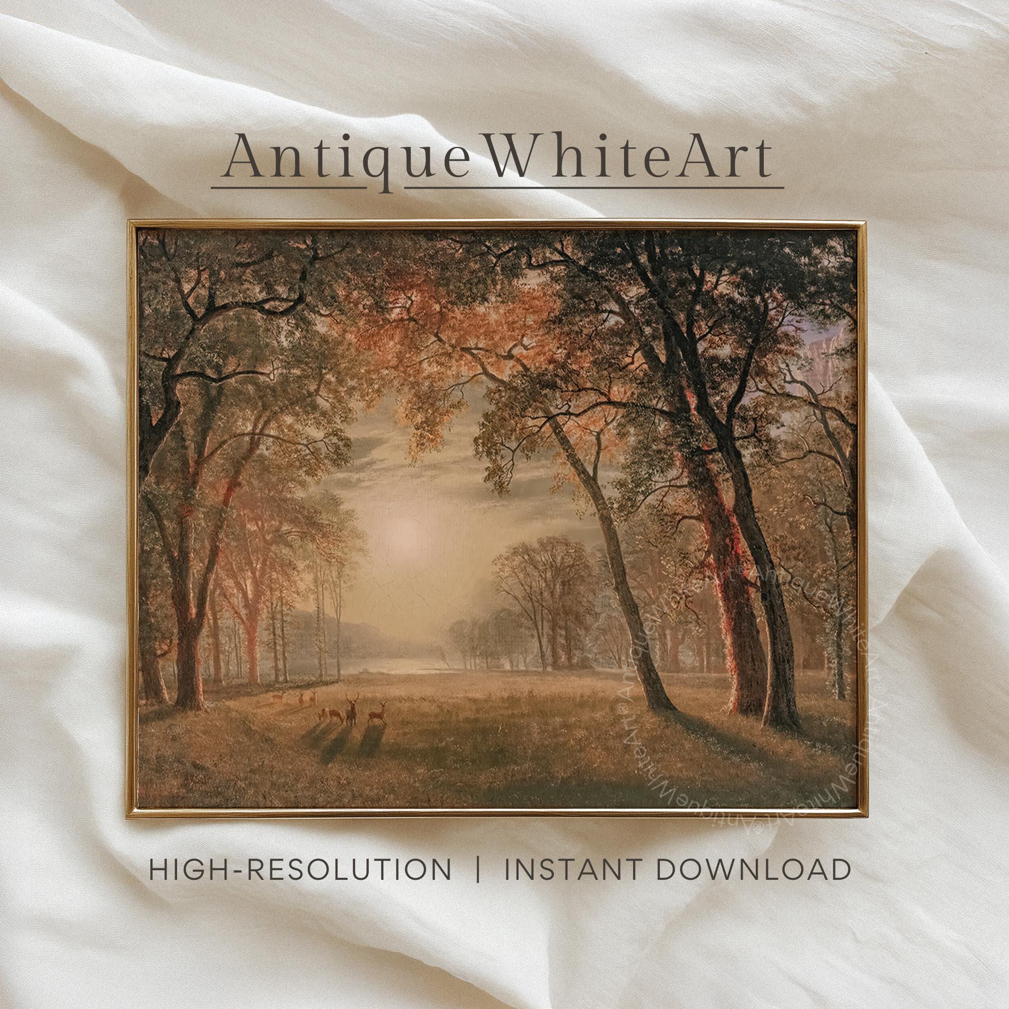 Autumn Landscape Deer In Golden Forest Vintage Style Fall Painting Cozy Farmhouse Wall Art Warm Earth Tones A584 Print