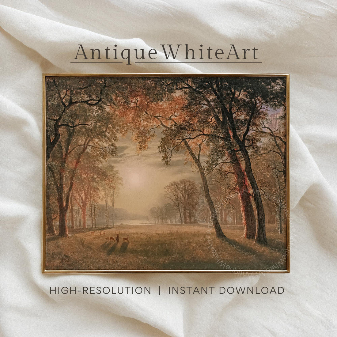 Autumn Landscape Deer In Golden Forest Vintage Style Fall Painting Cozy Farmhouse Wall Art Warm Earth Tones A584 Print