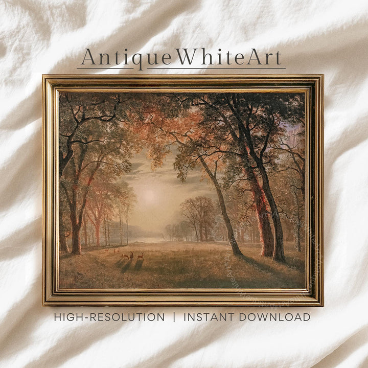 Autumn Landscape Deer In Golden Forest Vintage Style Fall Painting Cozy Farmhouse Wall Art Warm Earth Tones A584 Print
