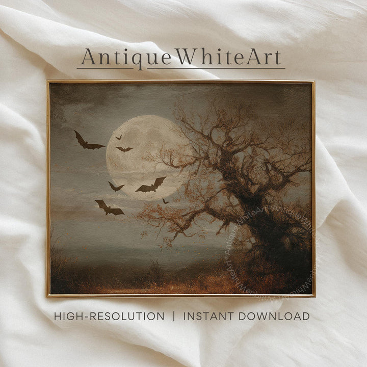 Halloween Wall Art Bats & Full Moon Painting Haunted Prints Vintage Style Autumn Moody Rustic Decor A582 Print