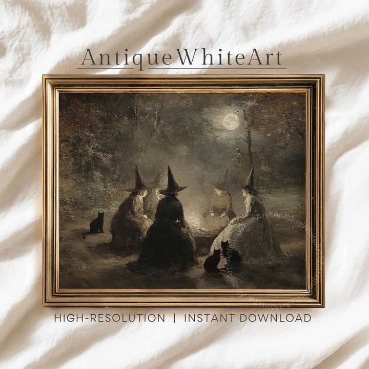 Halloween Wall Art Witches At Moonlit Vintage Style Autumn Painting Moody Rustic Decor Witchy Gothic Print A587