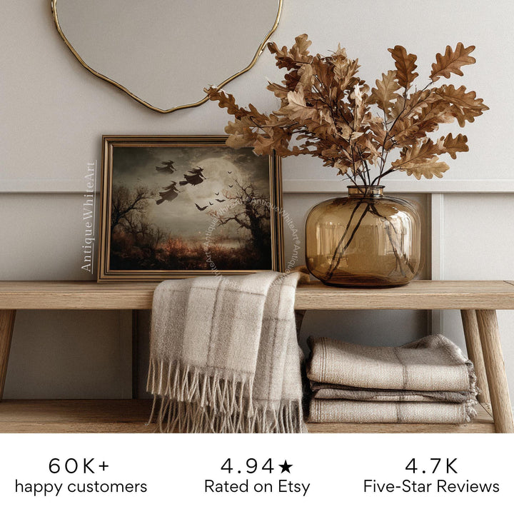 Vintage Style Halloween Art Print: Witches Bats Full Moon ( ) Print Wall