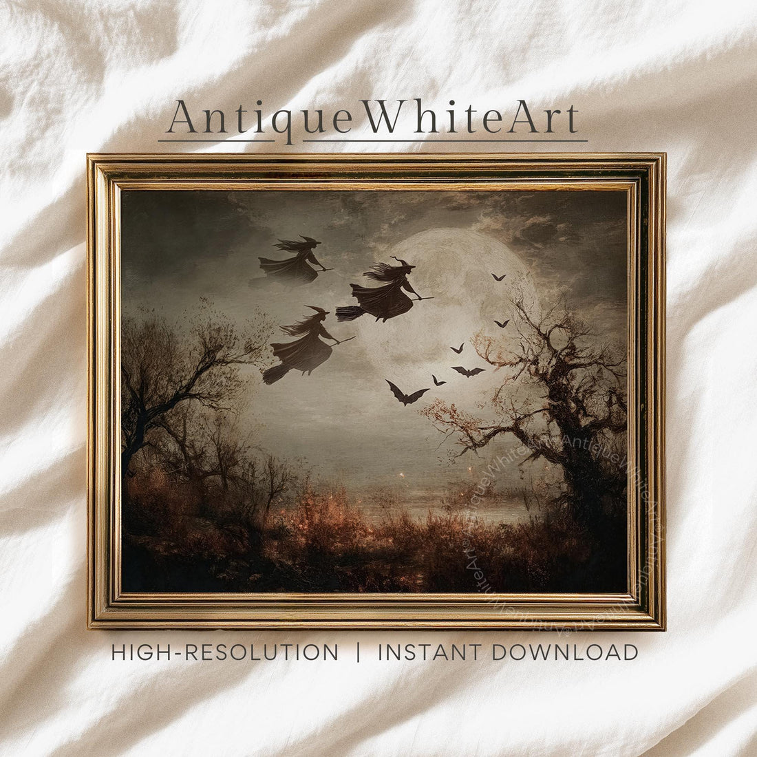 Vintage Style Halloween Art Print: Witches Bats Full Moon ( ) Print Wall