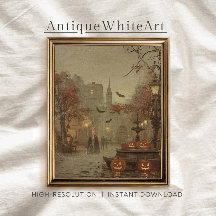 Vintage Style Fall Wall Art Warm-Toned Halloween Misty Town Eerie Landscape Spooky Decor A599 Print