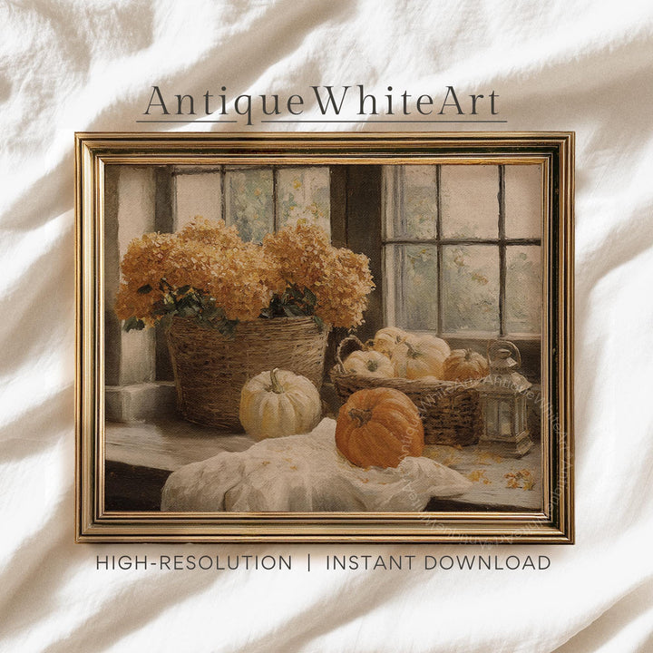 Pumpkin Still Life Cottage Painting with Hydrangeas Vintage Style Rustic Fall Print Wam Farmhouse Wall Art A597