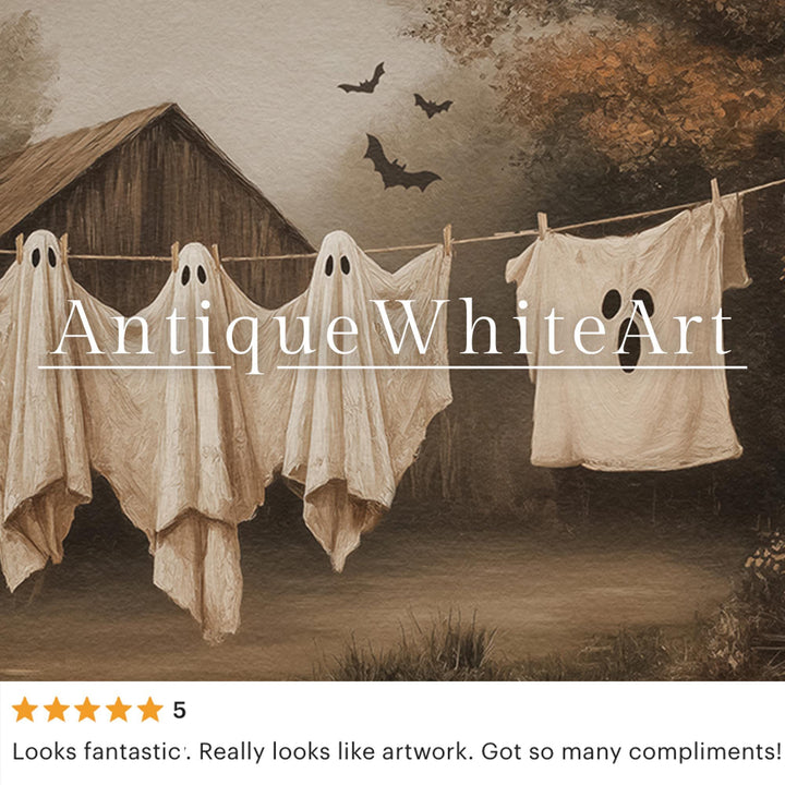Halloween Wall Art Ghosts On Clothesline Laundry Room Decor Vintage Style Autumn Painting Farmhouse A598 Print