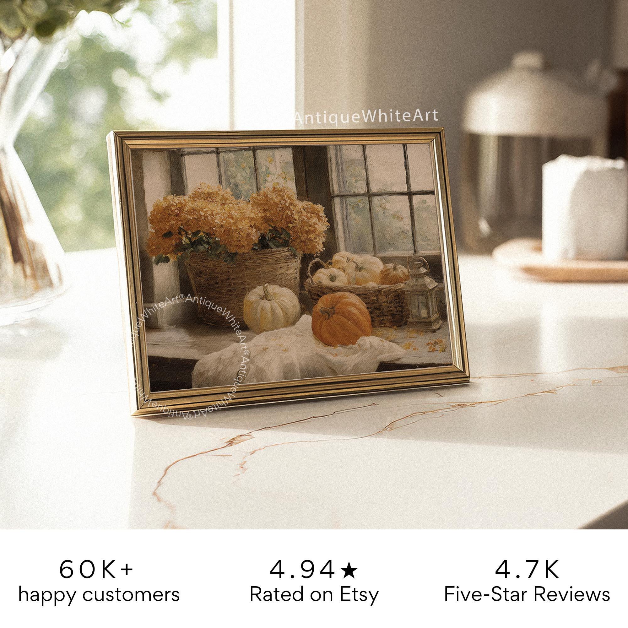 Pumpkin Still Life Cottage Painting with Hydrangeas Vintage Style Rustic Fall Print Wam Farmhouse Wall Art A597