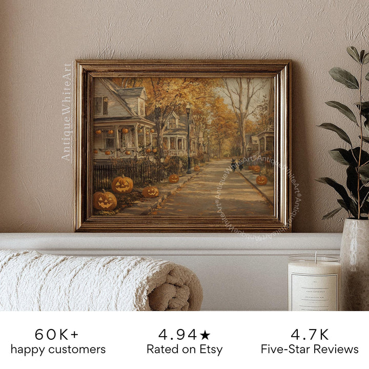 Vintage Style Halloween Town Print: Spooky Autumn Street ( ) Print Wall Art
