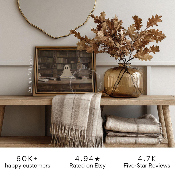 Halloween Wall Art Cute Ghost In Vintage Style Library Dark Academia Rustic Fall Decor Spooky Moody Painting A618 Print