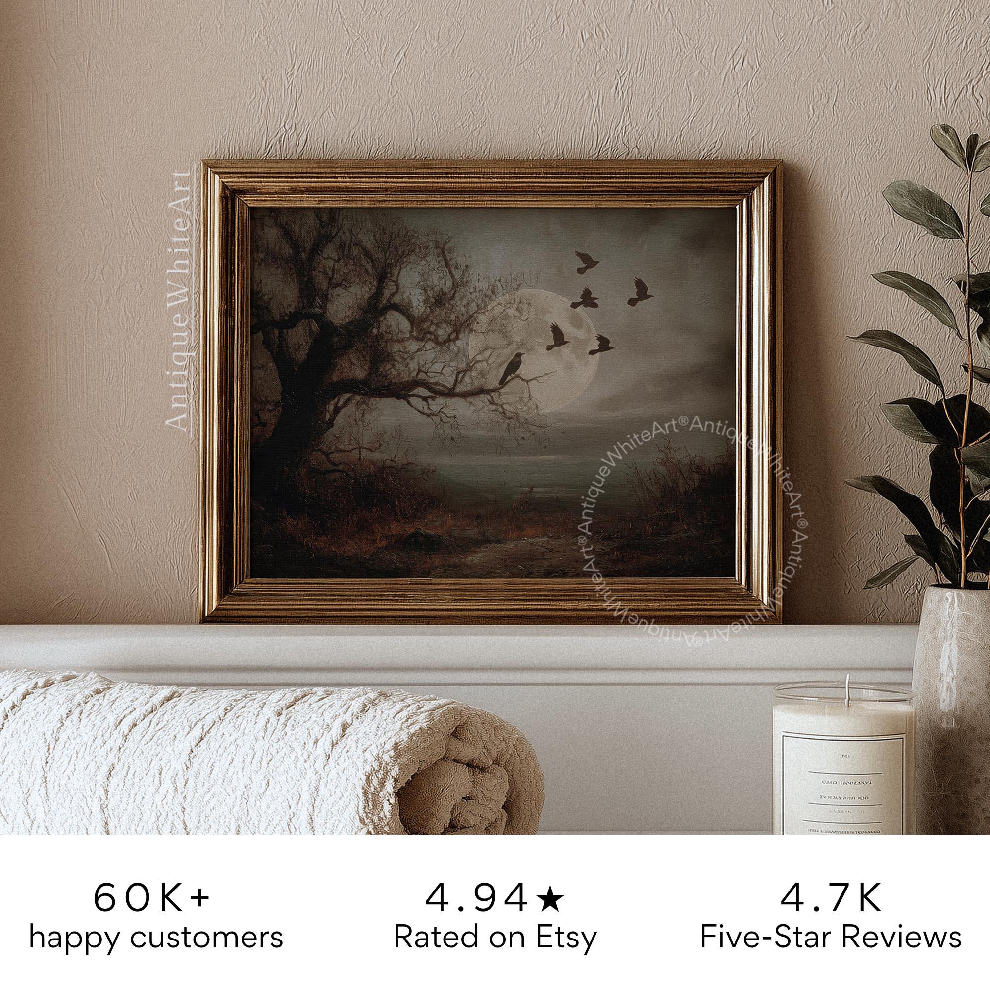 Moody Halloween Wall Art Crows By Full Moon Vintage Style Dark Fall Print Rustic Autumn Painting A593