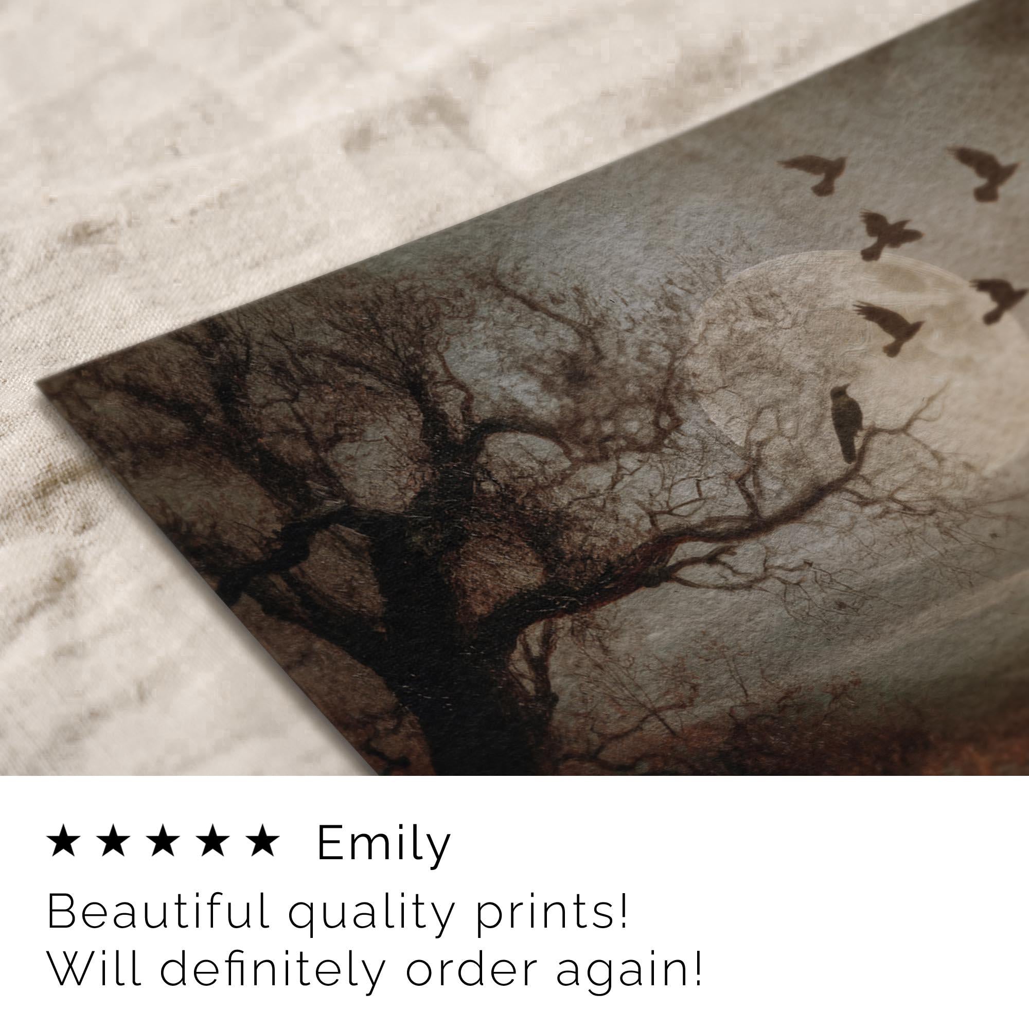 Moody Halloween Wall Art Crows By Full Moon Vintage Style Dark Fall Print Rustic Autumn Painting A593