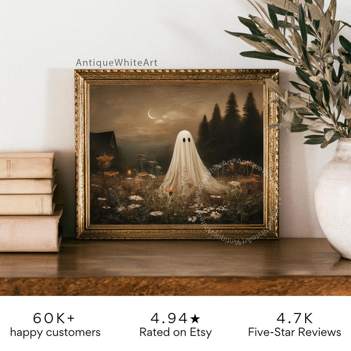 Halloween Wall Art Ghost In Wildflower Meadow Vintage Style Autumn Landscape Rustic Warm-Toned Oil Painting A596 Print