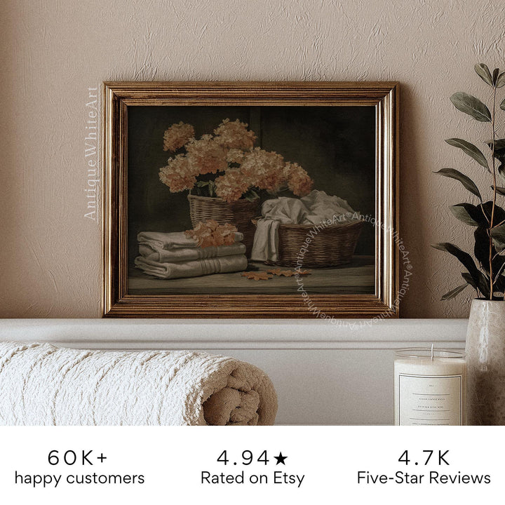 Laundry Room Wall Art Seasonal Bathroom Decor Autumn Floral Still Life Hydrangeas Vintage Style Painting Rustic Farmhouse A602 Print