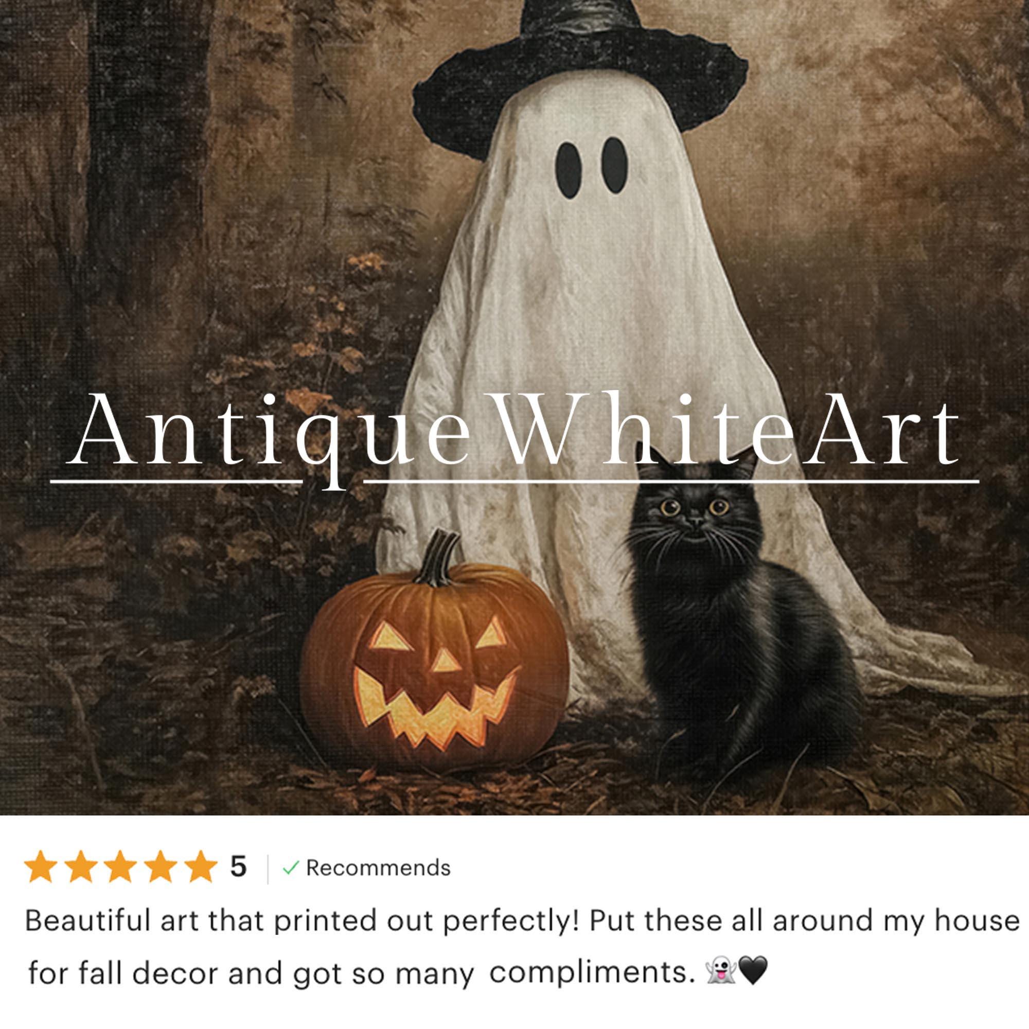 Vintage Style Halloween Print Cute Ghost & Black Cat in Dark Fall Forest Wall Art Spooky Witchy Moody A603