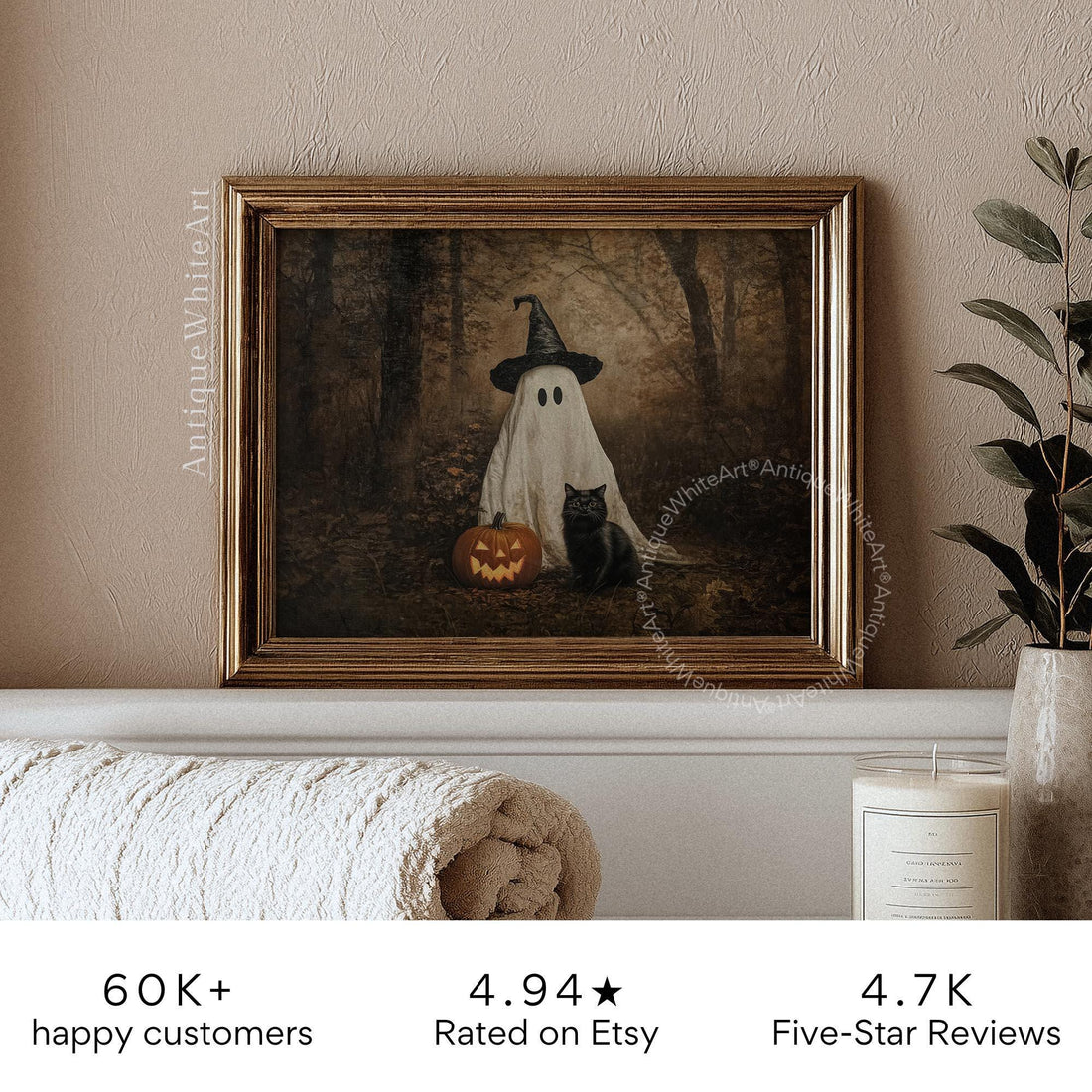 Vintage Style Halloween Print Cute Ghost & Black Cat in Dark Fall Forest Wall Art Spooky Witchy Moody A603