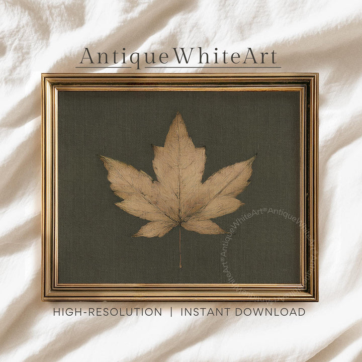 Autumn Maple Leaf Print Vintage Style Fall Wall Art Neutral Rustic Dark Green Halloween Decor A606