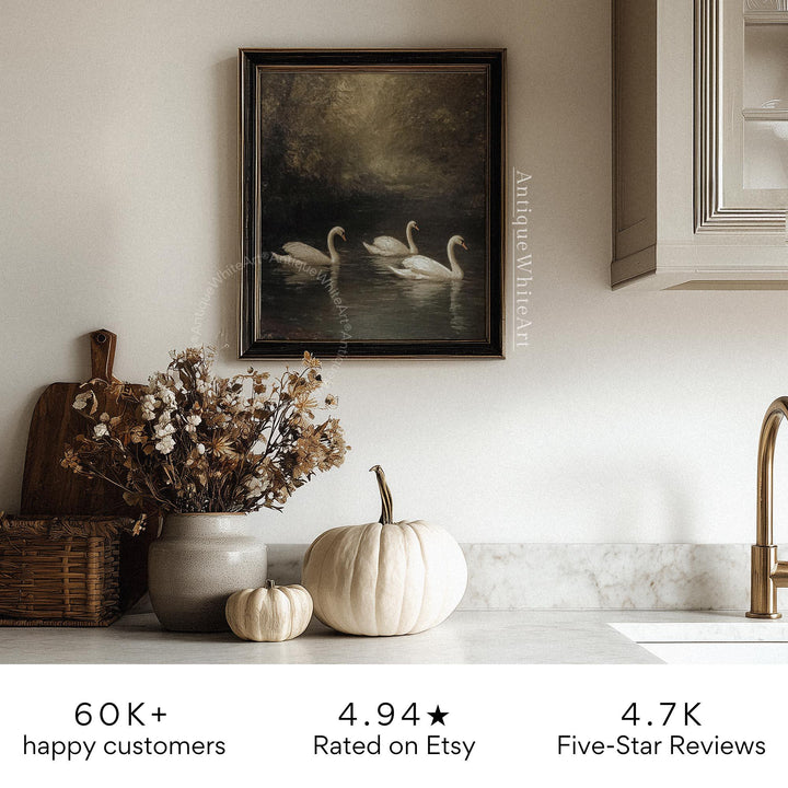 Vintage Style Swan Lake Painting Fall Moody Landscape Wall Art Antique Dark Farmhouse Decor A609 Print