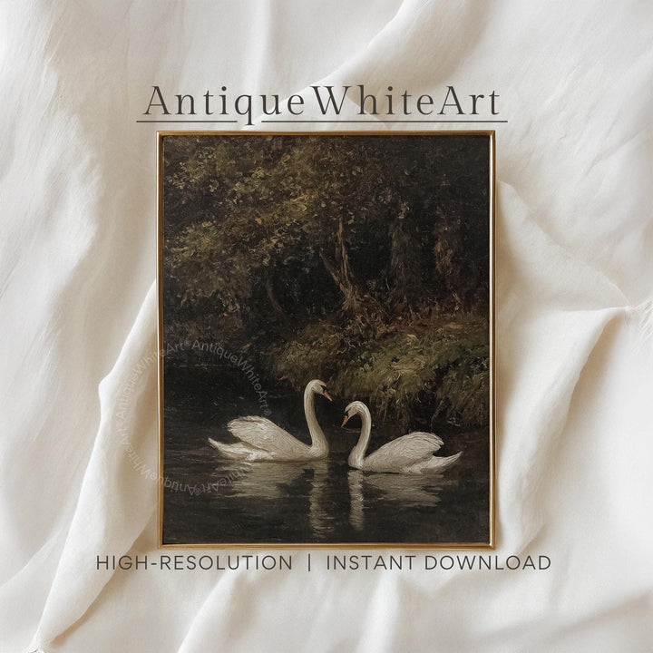 Vintage Style Swan Lake Painting Fall Moody Landscape Wall Art Antique Dark Farmhouse Decor A610 Print